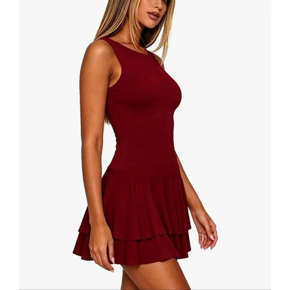 ForeFair Women XS Sleeveless Boat Neck Mini Dress Ruffle Hem Going Out Burgundy